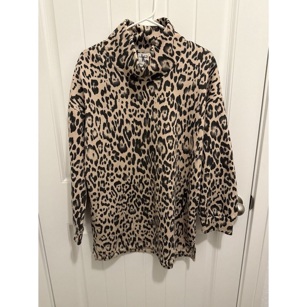 Lola Grace Women Leopard Print Funnel Neck Sweatshirt Tan Black Fleece Large